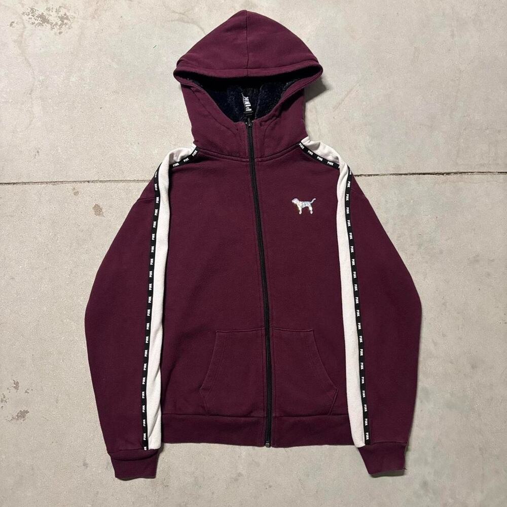 Victoria Secret PINK Iridescent Bling Faux Fur Hood Full-Zip Hoodie Ruby Plum XS